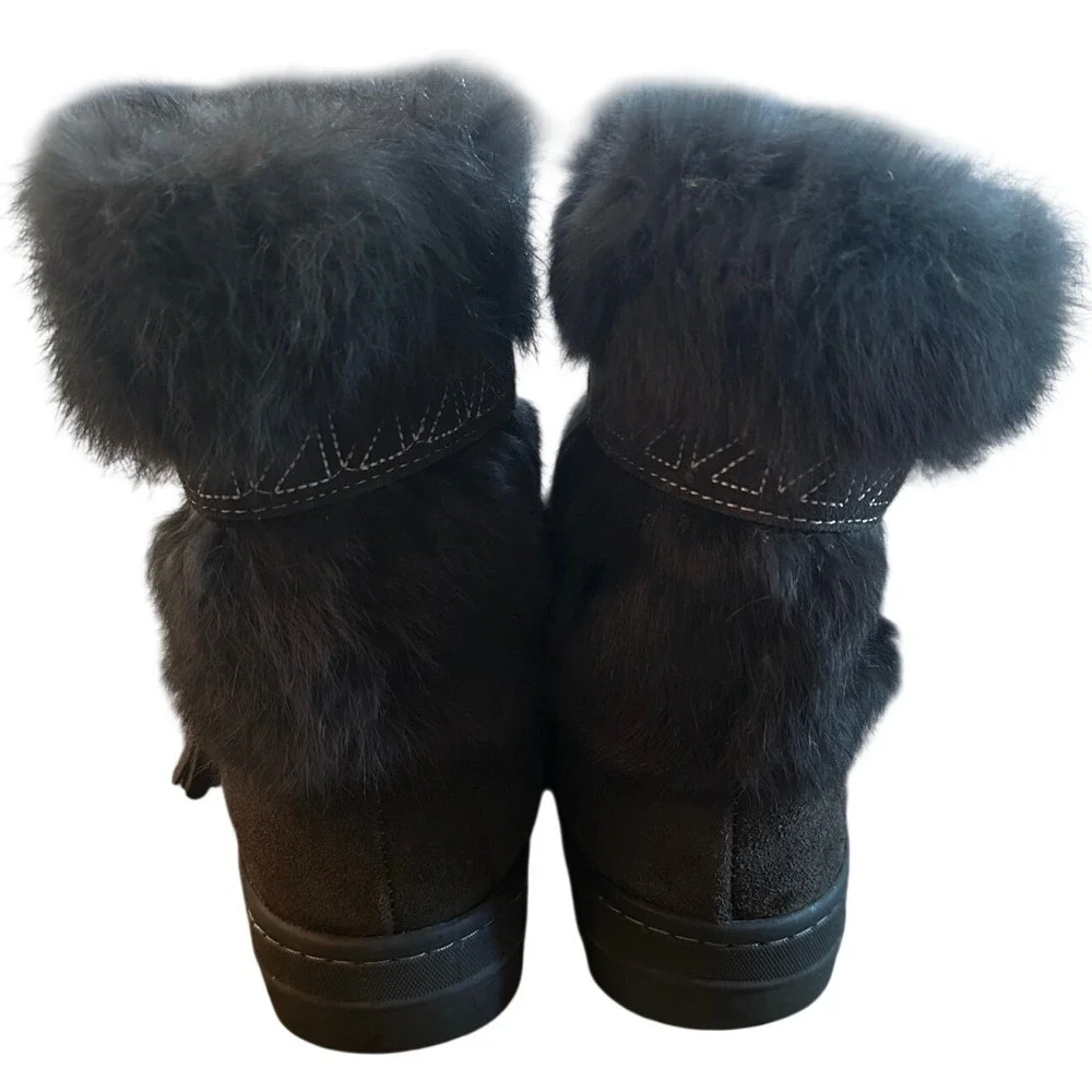 Minnetonka Black Suede Rabbit Fur Trim Winter Boots Women's‎ 10